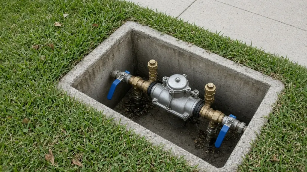 Brass backflow preventer assembly inside a concrete box in a lawn