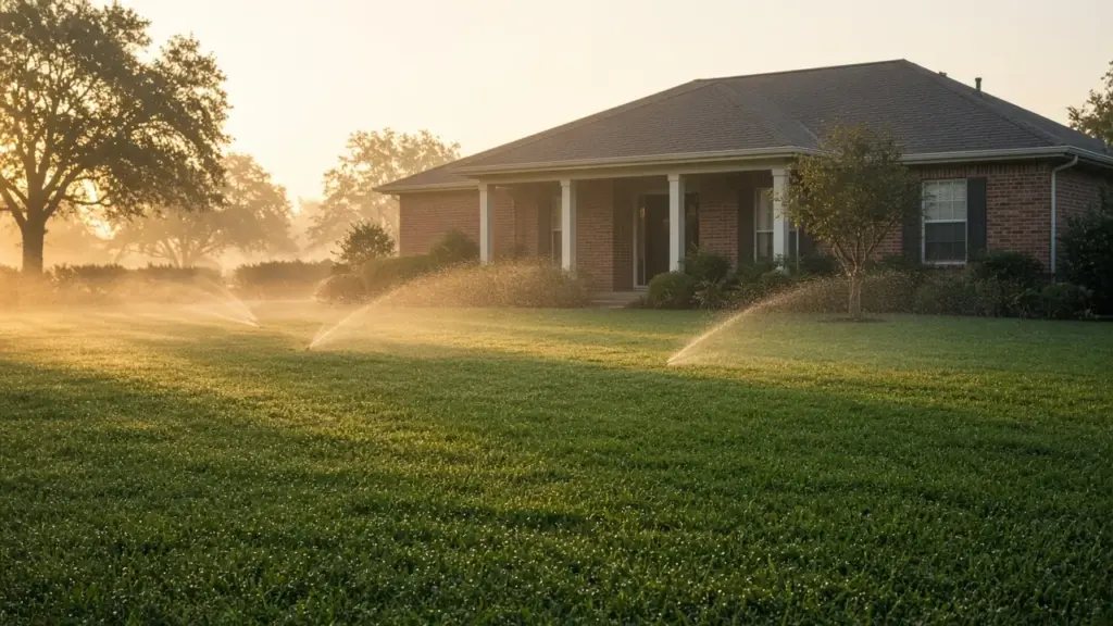 Sprinklers watering a lawn in front of a brick home in early morning light