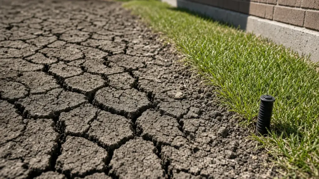 Cracked dry clay soil next to a lawn and a sprinkler head by a brick house