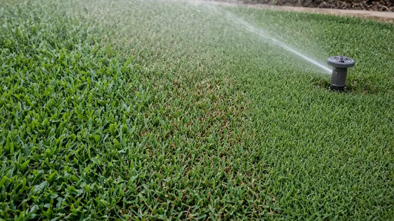Rotor sprinkler spraying across a thick, healthy green lawn