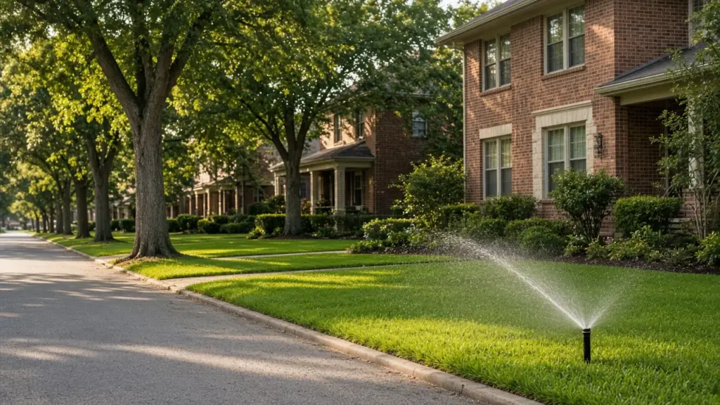 Sprinkler watering a front lawn on a tree-lined Dallas residential street