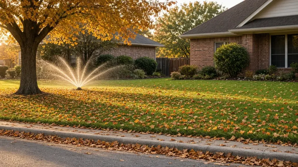 Pop-up sprinkler watering a front lawn covered in fall leaves