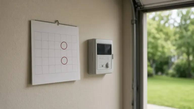 Irrigation controller on a garage wall beside a calendar marking two watering days