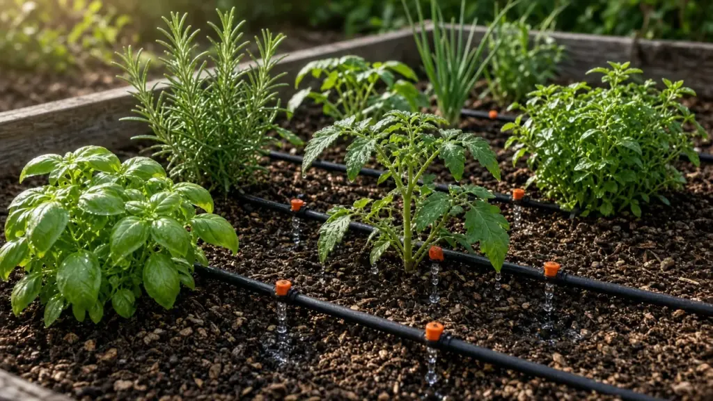 Drip irrigation line with emitters watering a raised vegetable and herb bed