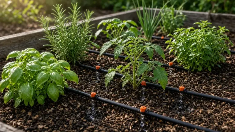 Drip irrigation line with emitters watering a raised vegetable and herb bed