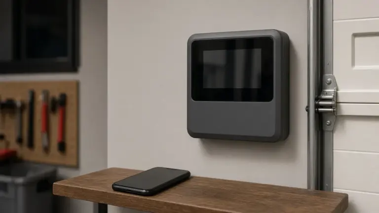 Wall-mounted smart irrigation controller in a garage next to a smartphone