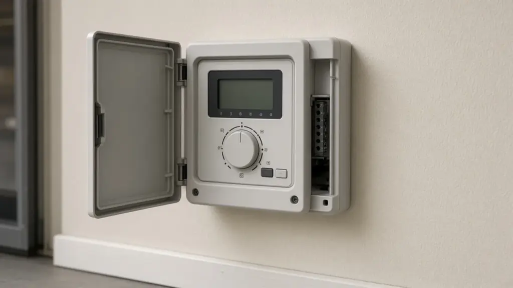Irrigation controller with a dial mounted on a wall, cover open
