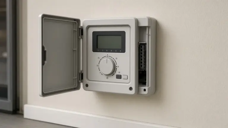 Irrigation controller with a dial mounted on a wall, cover open