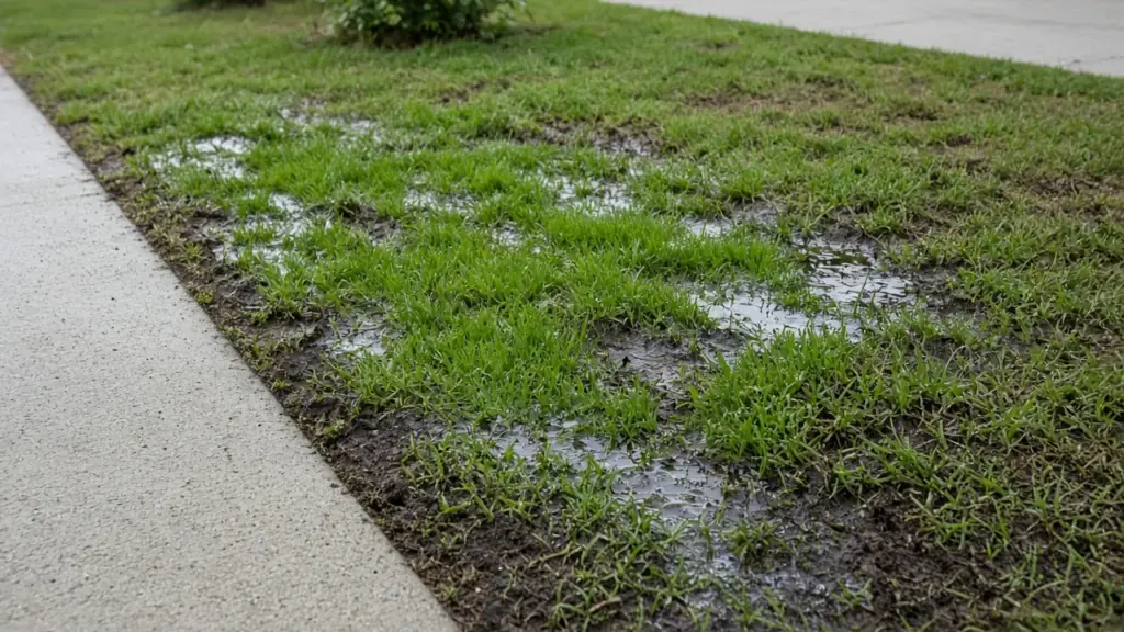Soggy, waterlogged patch of lawn beside a sidewalk from a hidden leak