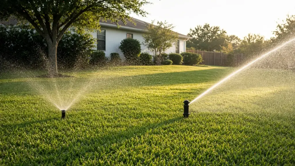 Spray heads and rotors watering a lawn at sunrise