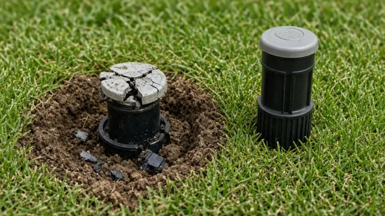 Broken sprinkler head beside a new replacement head in a Dallas lawn