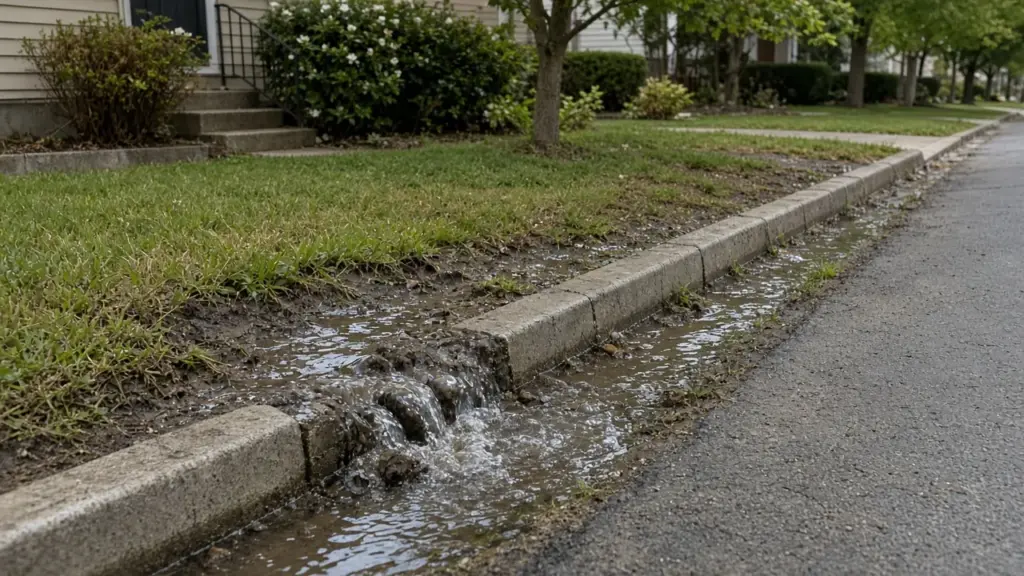 Sprinkler water running off a lawn into the street gutter along a Dallas curb