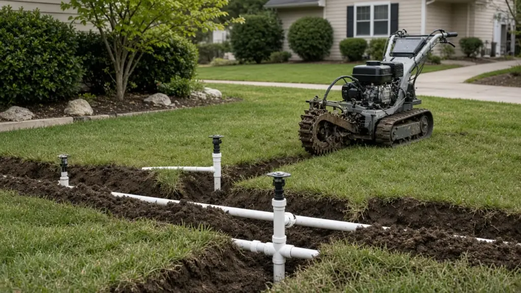 New PVC sprinkler lines and risers laid in trenches across a residential lawn