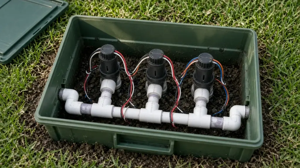 Irrigation valve manifold with three solenoid valves inside an open valve box