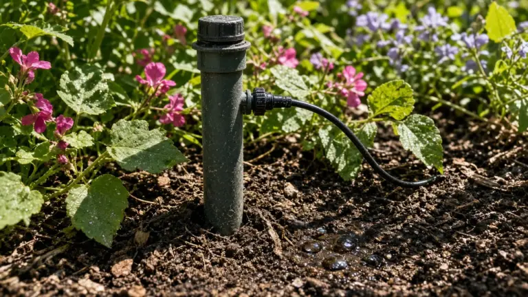 A spray riser capped and converted to drip tubing in a flower bed