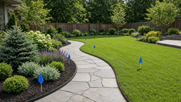 New landscape beds and a curved stone path with irrigation flags in the lawn