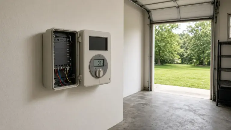 A garage-mounted irrigation controller with a percentage adjustment screen