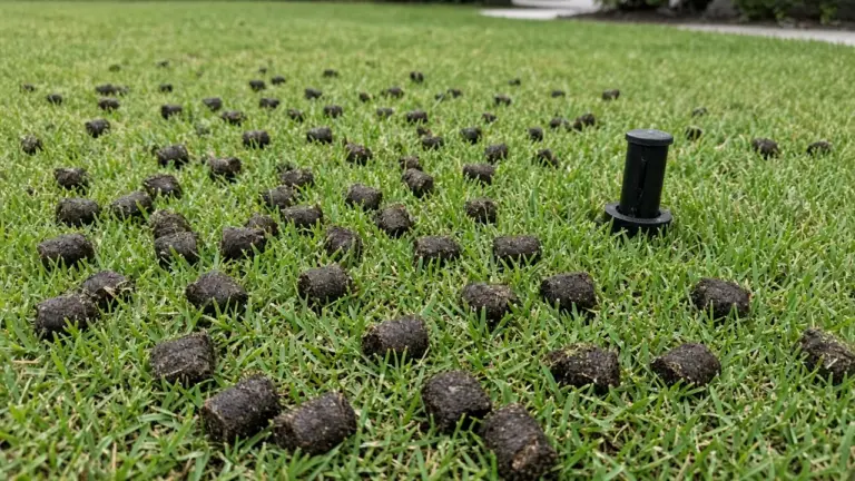 A lawn dotted with soil plugs from core aeration next to a sprinkler head