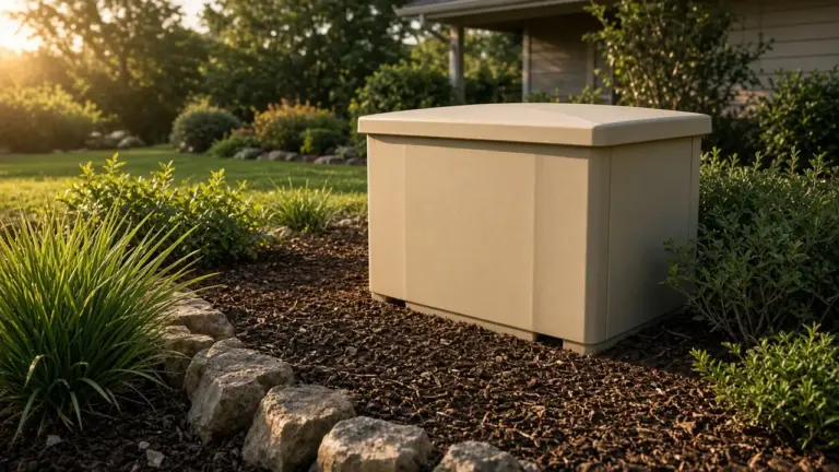 An insulated backflow enclosure box sitting over an assembly in a landscaped bed