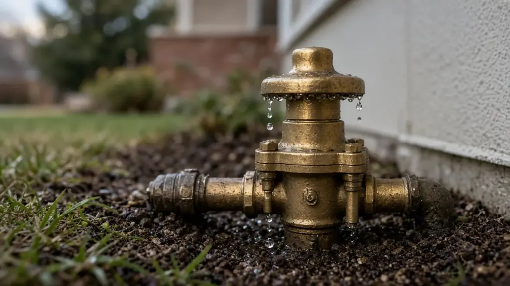 A brass backflow preventer dripping water from its bonnet on a cold morning