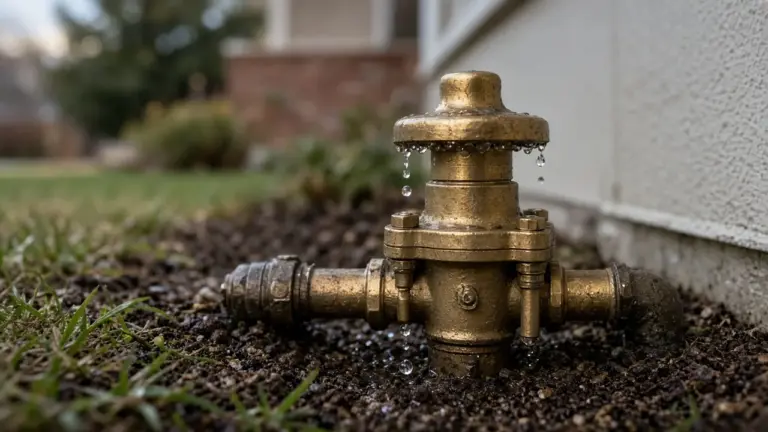 A brass backflow preventer dripping water from its bonnet on a cold morning