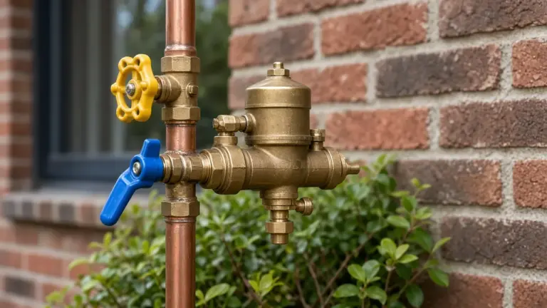 Brass backflow preventer with shutoff valves on a brick wall