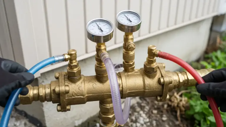 Gloved hands connecting test gauges to a brass backflow assembly