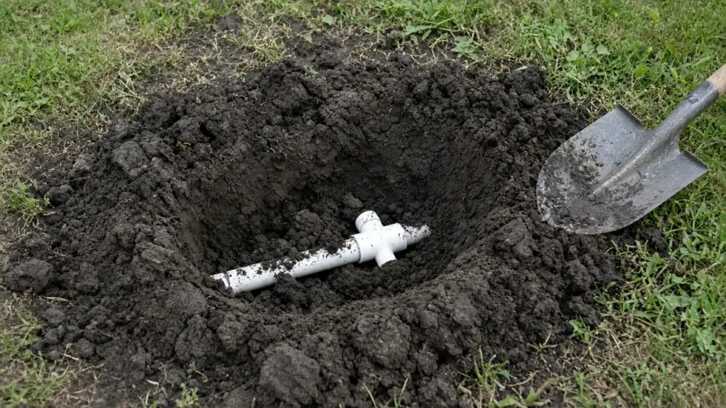 Repair hole dug in dark clay soil exposing a PVC sprinkler fitting