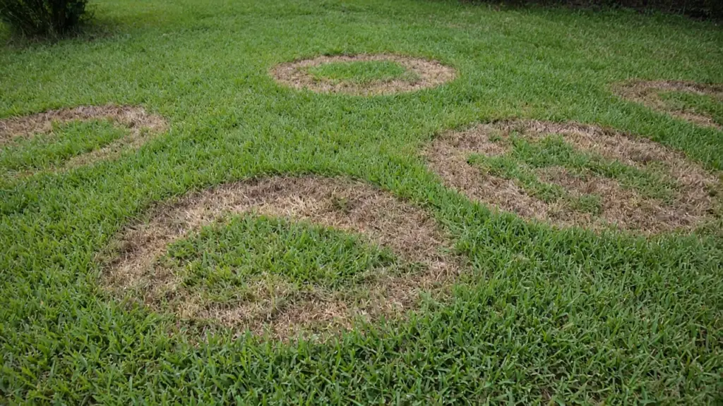 Circular tan brown patch fungus rings in a lush St. Augustine lawn on a humid morning