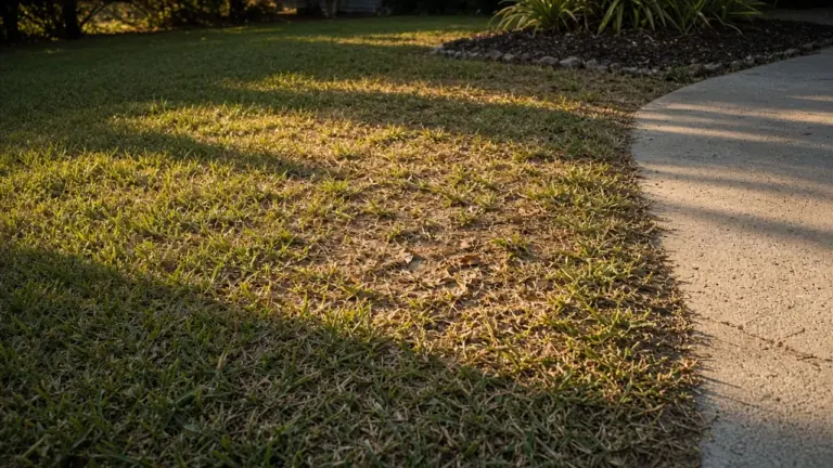 A sunny dry patch in St. Augustine grass beside a driveway with yellowing blades