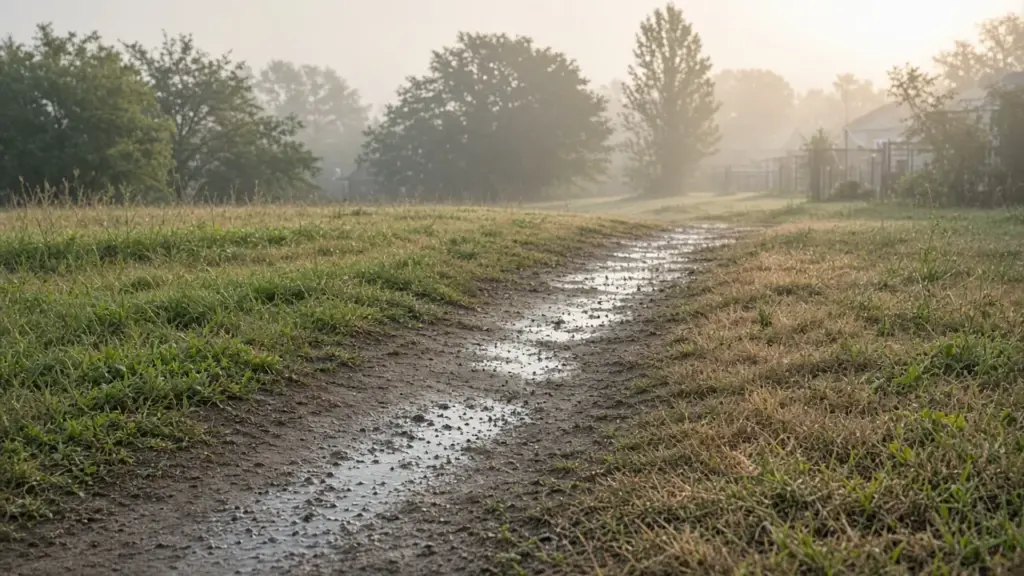 A hard compacted bare path worn across a lawn where water beads and puddles instead of soaking in
