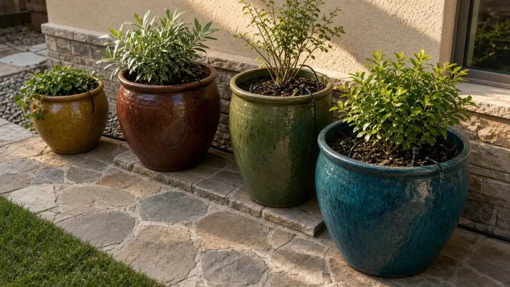 Large glazed planters on a patio fed by thin drip tubing and small emitters
