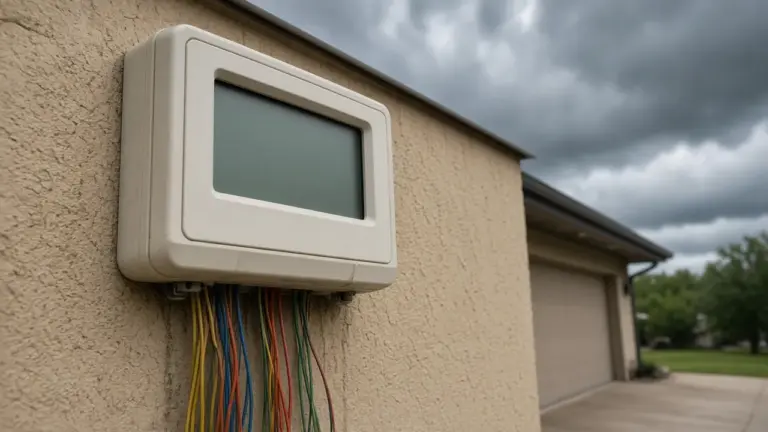 An irrigation controller with a blank display on a garage wall during a stormy afternoon