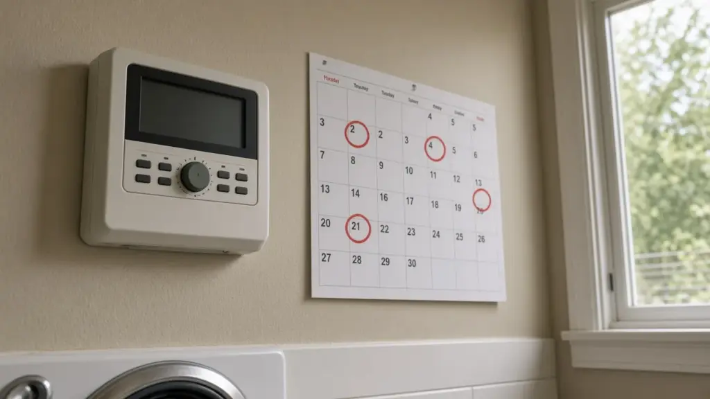 An irrigation controller display beside a wall calendar with the wrong days circled in a laundry room