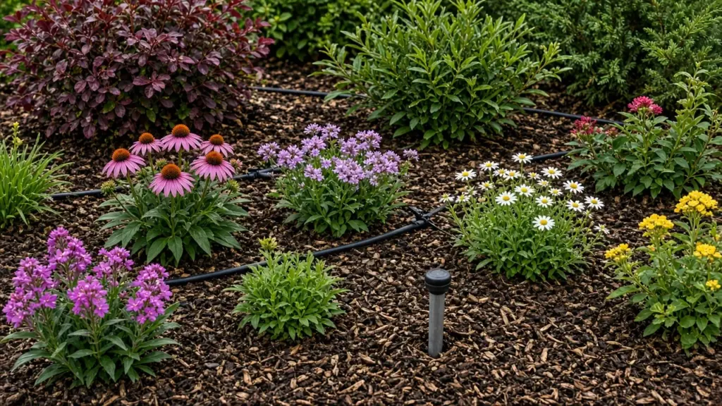 Drip line and emitters in a mulched flower bed with colorful perennials