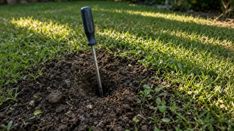 A long screwdriver pushed deep into moist clay soil in a lawn to test watering depth