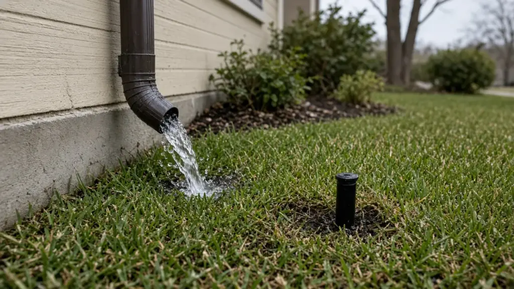 A gutter downspout emptying onto a lawn next to a sprinkler head