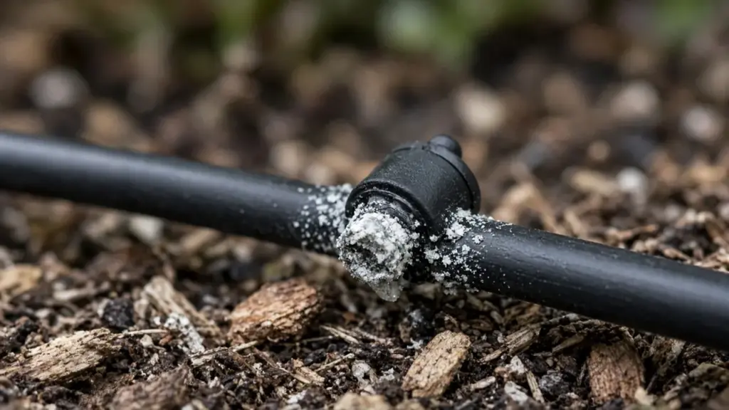 Clogged drip emitter with white mineral buildup on tubing in mulch