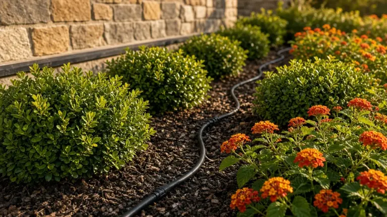 Drip line snaking among boxwoods and lantana in a foundation bed along a stone house