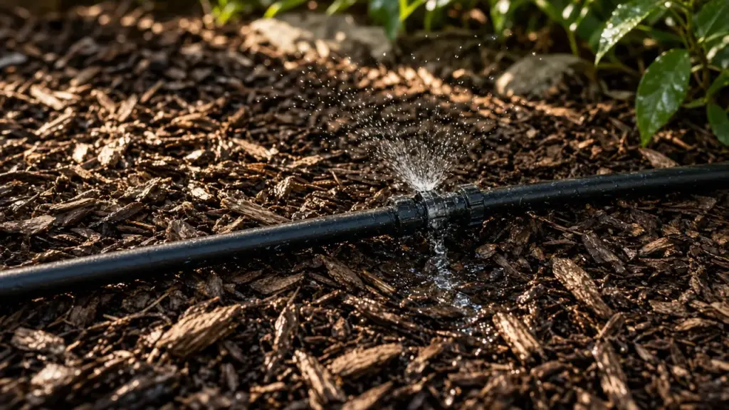 A drip line with a small spraying leak at a fitting in a mulched bed