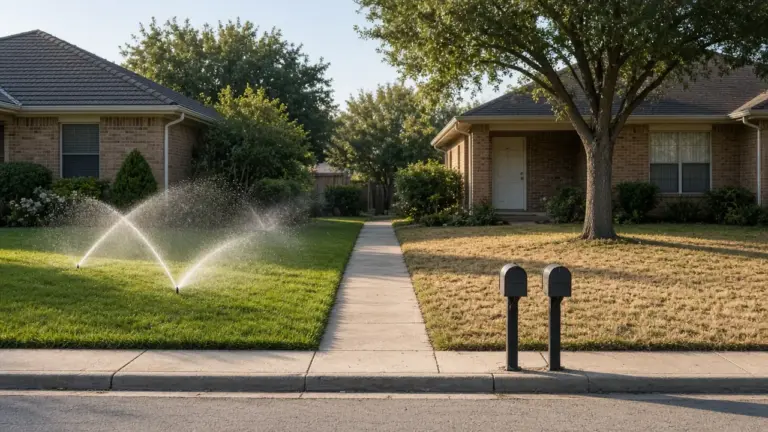 Sprinklers watering lawns in front of neighboring houses with the street in view