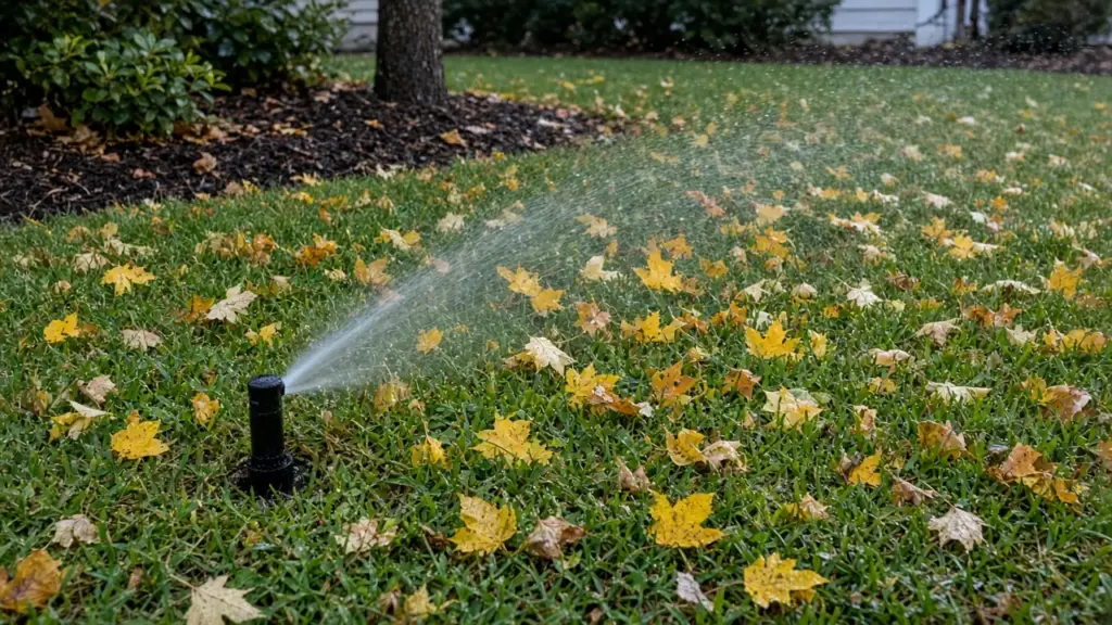 A spray head watering a lawn scattered with the first yellow autumn leaves on a cool morning