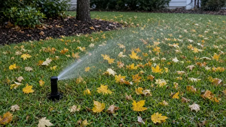 A spray head watering a lawn scattered with the first yellow autumn leaves on a cool morning