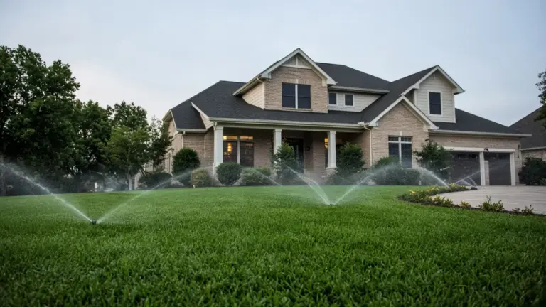 A two-story suburban home with a wide front lawn and rotors watering in early morning