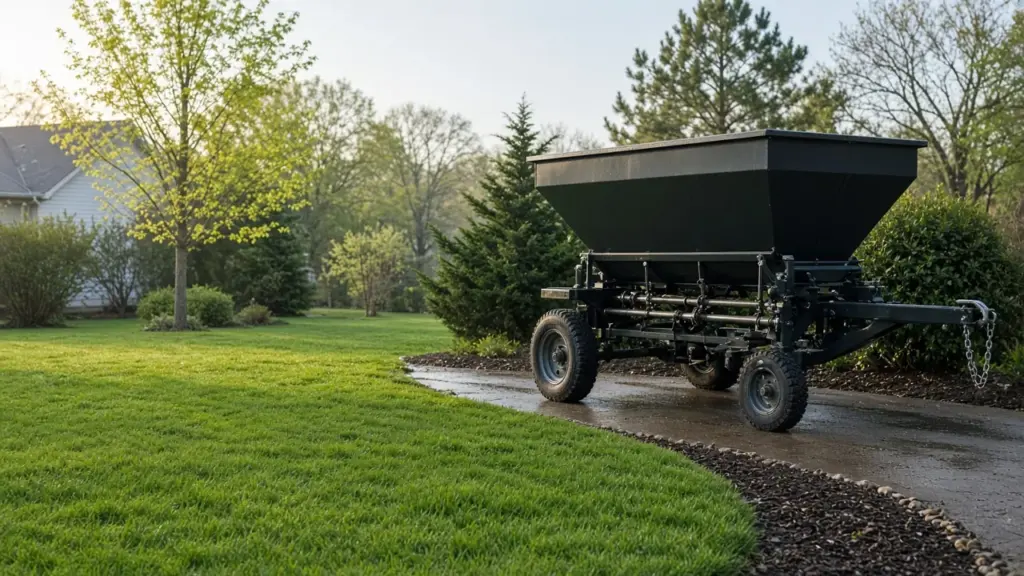 A fertilizer spreader parked beside a freshly watered green lawn in spring