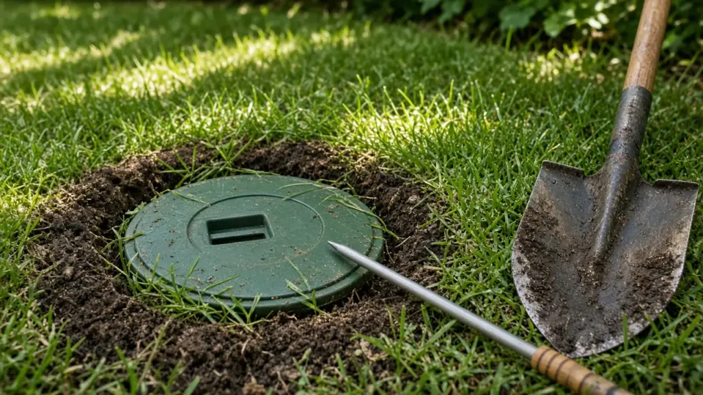 Buried valve box lid being uncovered with a probe and shovel in a lawn