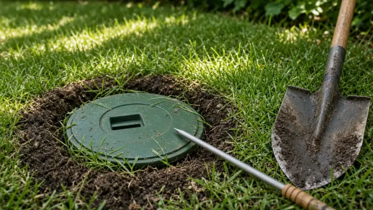Buried valve box lid being uncovered with a probe and shovel in a lawn