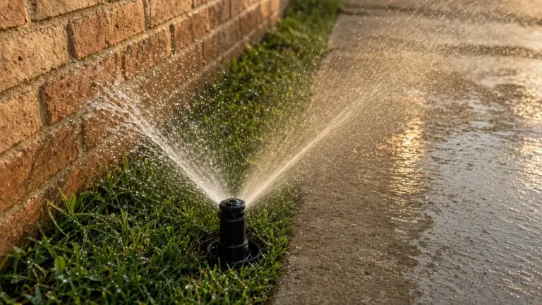 A spray head overspraying onto a concrete driveway and a house wall, leaving the pavement wet