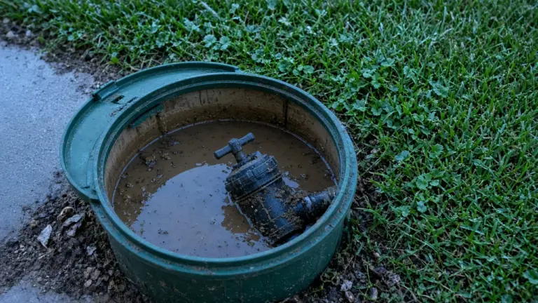 A round valve box half full of muddy water with a sprinkler valve submerged inside at the low corner of a lawn