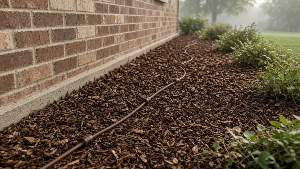 Brown inline drip tubing with emitters laid under shredded mulch a short distance from a brick house foundation